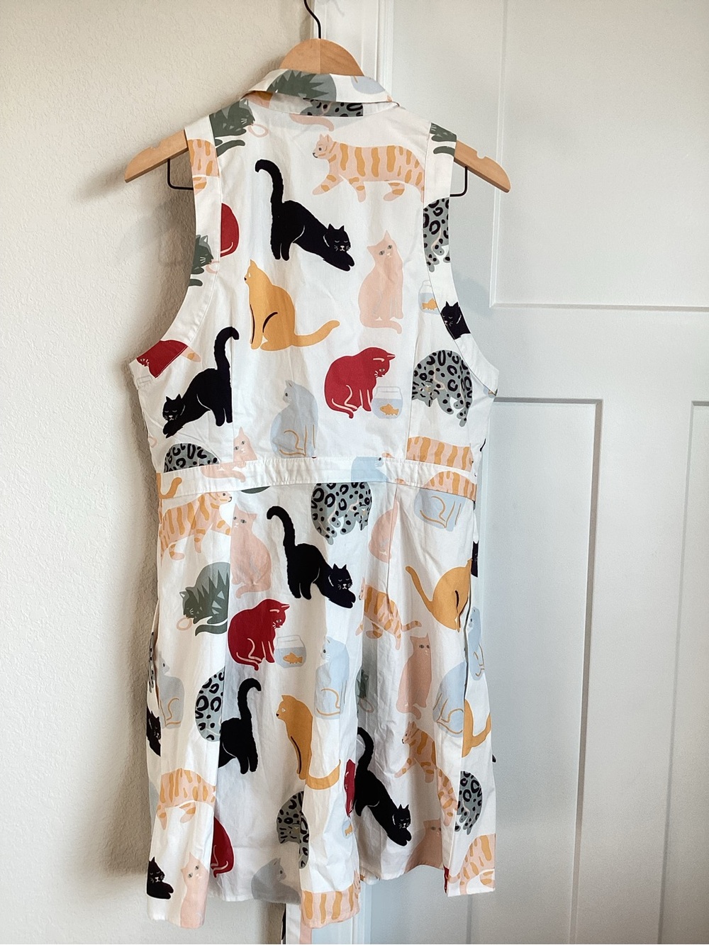Anthropologie Belted Mini Shirt Dress Fit & Flare New XL Novelty Ivory Cats - Picture 9 of 11